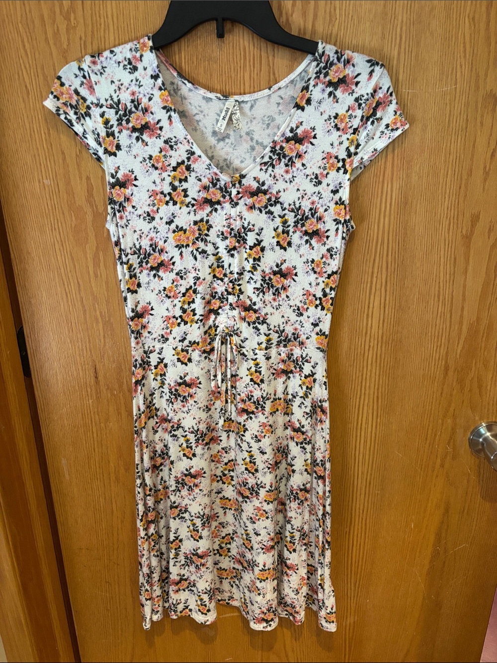 Mudd, juniors v-neck sundress with drawstring, white with floral print, Small